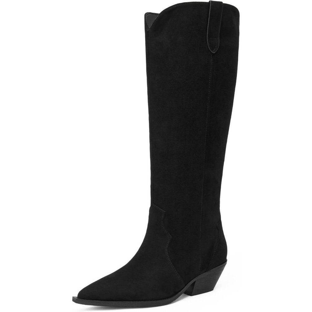 Women's Black Knee High Faux Suede Cowgirl Chunky Heel Pointed Toe Boots